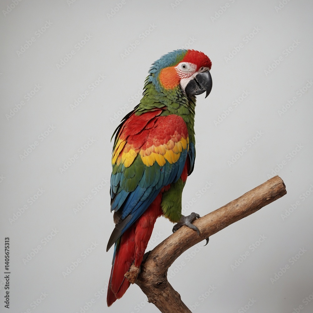 Obraz premium A colorful parrot perched with its feathers spread slightly on a white backdrop.