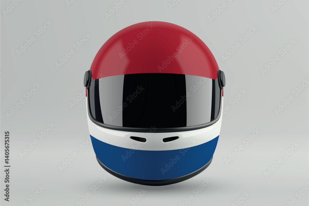 Front view of racing helmet featuring Netherlands flag colors