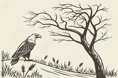 Eagle in the Wilderness: A powerful bald eagle, perched on a grassy mound overlooking a desolate landscape with a skeletal tree, evokes a sense of solitude and resilience.