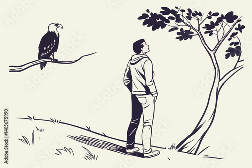 Observer and Observed: a serene moment of reflection unfolds as a person looks up at a tree next to bald eagle, in a minimalist line illustration, embodying quiet contemplation and introspection.