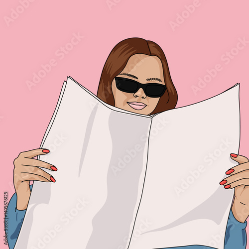 Illustration of a Young Woman Reading a Blank Newspaper Wearing Sunglasses

