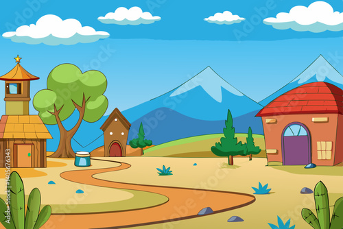 Village by the Mountain: A charming village nestled at the foot of majestic mountains, with winding roads and quaint houses, showcasing idyllic rural life.