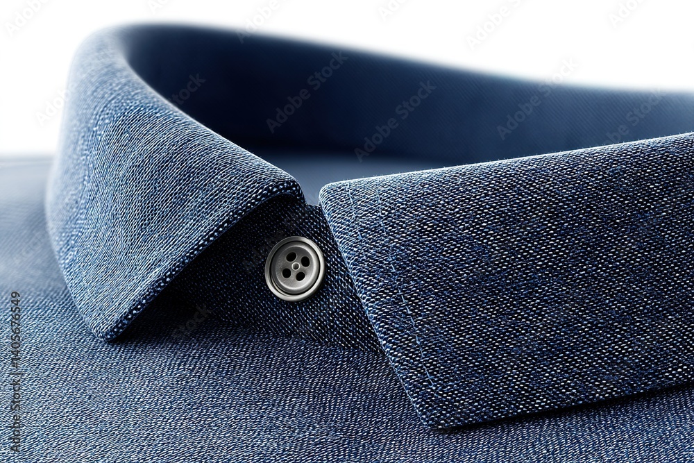 Close-up view of a blue denim shirt collar highlighting stitching and button detail in soft lighting