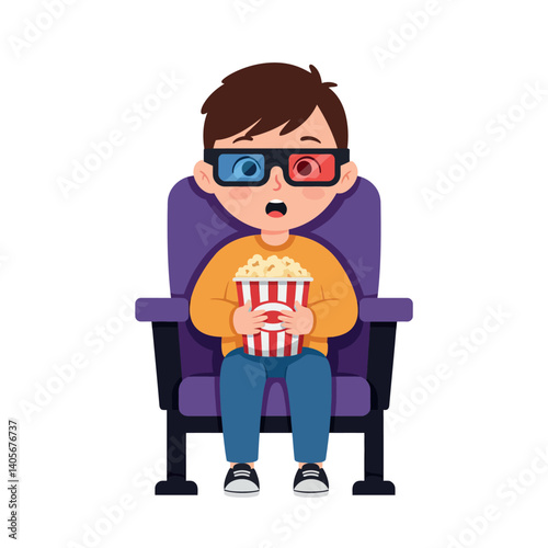 A young boy eagerly watching a movie in 3D glasses while holding popcorn in a cozy cinema setting vector illustration