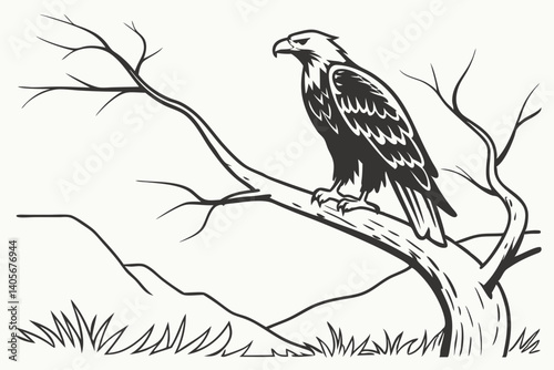 Majestic Eagle Perched in a tree: An eagle perches majestically upon a bare tree branch, its piercing gaze surveying the landscape in a classic, illustration. Embodying strength, freedom.