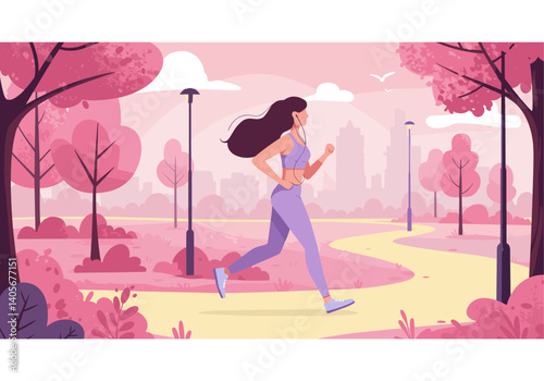 Young Woman Jogging in Morning – Flat Vector Illustration