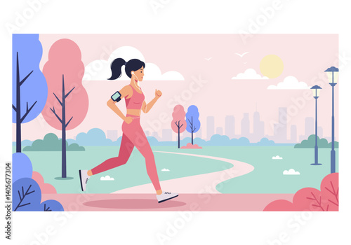 Young Woman Jogging in Morning – Flat Vector Illustration