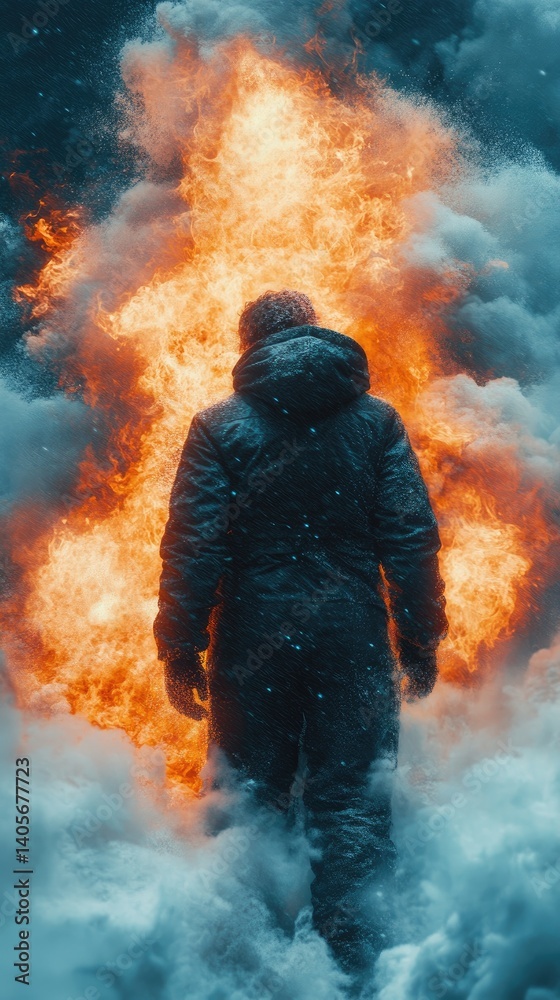 Fototapeta premium A person in a jacket walks towards a fiery, foggy landscape. Intense mood and color contrast