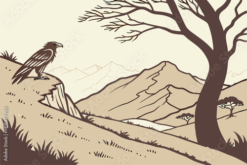 Eagle on Mountain Cliff: A majestic eagle perched on a cliff overlooking a serene mountain valley, a minimalist illustration evoking a sense of freedom and solitude.