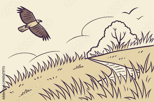 Hawk Soaring Over Meadow: A majestic hawk glides effortlessly through the sky above a serene meadow, its wings outstretched in graceful flight, creating a picturesque pastoral scene. 