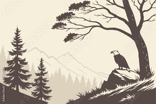 Majestic Eagle in Mountain Landscape: A majestic bald eagle perched on a rocky outcrop, surveying its domain against a backdrop of snow-capped mountains and a sprawling forest.