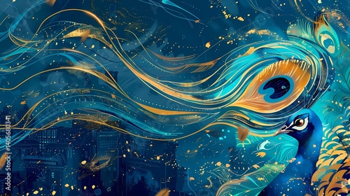 A peacock's feather, floating in the wind over a blue and golden colour kingdom or city anime indian retro style, Generative AI illustrations.
