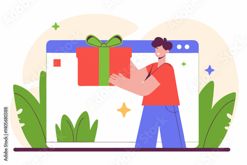 Online Gift Delivery: A cheerful person holds a beautifully wrapped gift box in front of a laptop screen, symbolizing the ease and joy of online gift-giving.