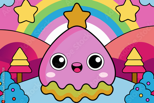 Dreamy Landscape: A whimsical illustration of a dreamy landscape, where soft pastels bring life to friendly-looking character standing tall, framed by a vibrant rainbow and sparkling stars.