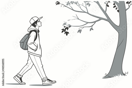 Contemplative Journey: A young individual embarks on a thoughtful stroll beneath the gentle branches of a tree, contemplating the surrounding environment, rendered in a monochrome palette.