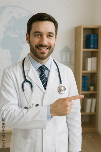 Professional Male Doctor Pointing Right – Healthcare Presentation Concept