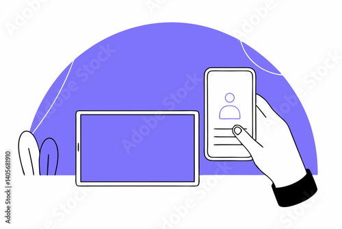 Online Profile Management: A hand with a mobile phone taps on a profile icon on the screen, highlighting the ease and accessibility of modern online profile management.