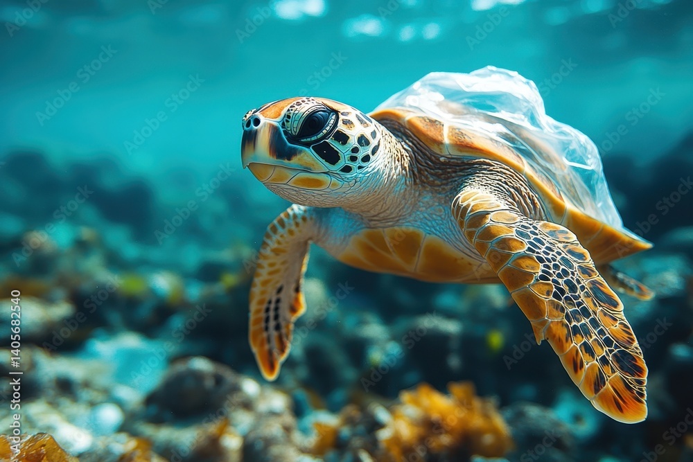Obraz premium Underwater turtle swimming amidst ocean debris in vibrant coral reef environment
