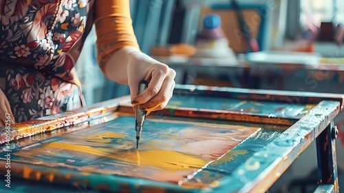 Close up a hand pressing silk-screen printing, Generative AI illustrations.