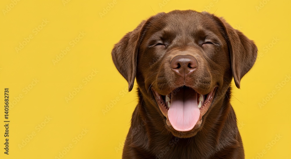 Fototapeta premium Joyful Chocolate Labrador Puppy Against Yellow Background