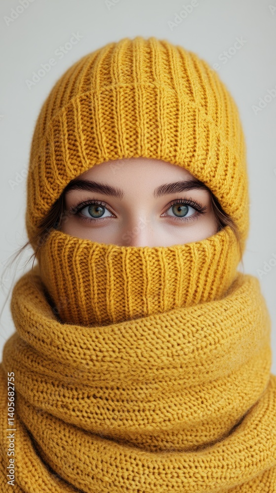 Eyes stare intensely from a mustard knit hat and scarf, against a light background. Close up Eyes stare intensely from a mustard knit hat and scarf, against a light background. Close up