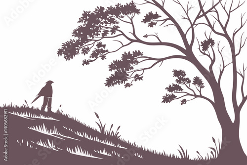 Solitary Journey: A lone figure treads a winding path beneath the protective boughs of a mature tree, the sun casting shadows upon a grassy slope, symbolizing self-reflection.