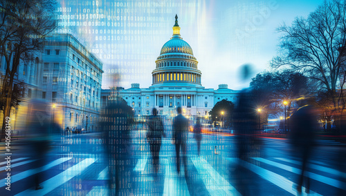 Dramatic US Capitol business environment with blurred people