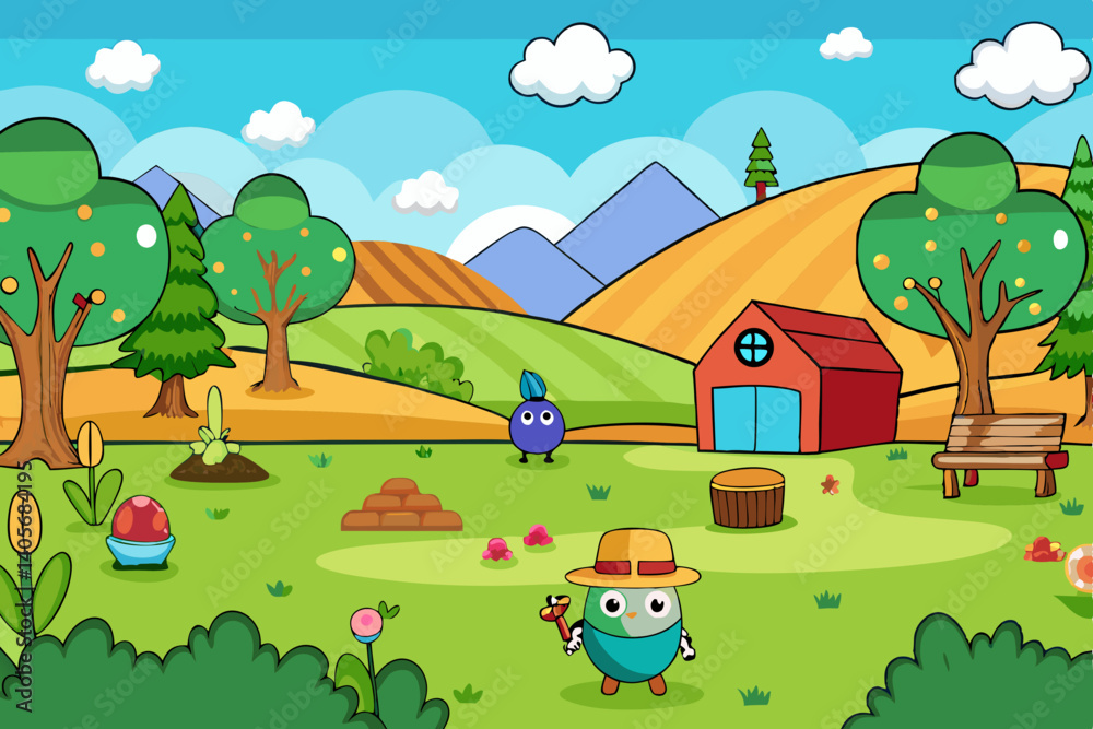 Harmonious Farmscape: A whimsical farm scene unfurls with vibrant colors, featuring rolling hills, trees, and adorable characters that add an element of playfulness and charm. Harmonious Farmscape: A whimsical farm scene unfurls with vibrant colors, featuring rolling hills, trees, and adorable characters that add an element of playfulness and charm.