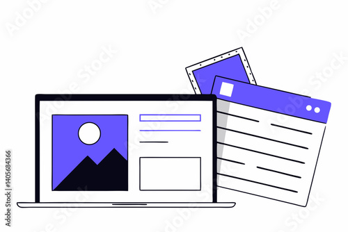 Digital Content Creation: A modern laptop displays a sleek webpage, while a related design interface appears in the background, showcasing digital content creation