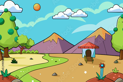 Mountainous Landscape: A cartoonish portrayal of a serene mountain range with a whimsical path winding through a lush valley, inviting viewers to imagine the adventures and secrets that await within.