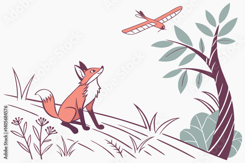 Curious Fox and a Flying Bird:  A fox sits in a grassy forest clearing, gazing up at a bird with large wings in the sky.