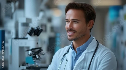 Wallpaper Mural Smiling Scientist: A young, confident scientist in a white lab coat smiles radiantly, demonstrating the dedication and optimism that fuels scientific discovery. Torontodigital.ca