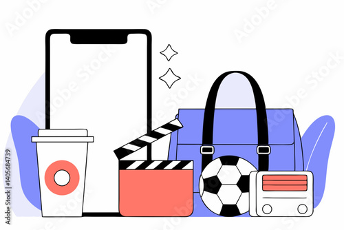 Leisure and Gadgets: A delightful illustration showcasing an array of leisure and technological elements, perfect for adding a touch of modernity and convenience to any creative project.