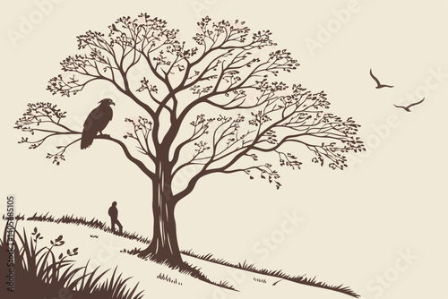 Solitude Underneath a Tree: A lone figure contemplates life beneath the branches of a majestic tree, a lone bird perched high above, symbolizing peace and introspection.