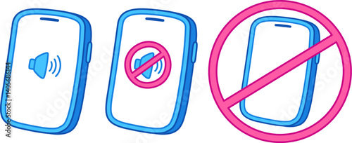 Smartphone sound volume, silent mode and warning sign to turn phone off. Silence and telephone ban symbol. Cartoon doodle style vector illustration.