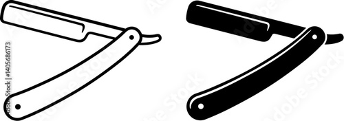 Straight razor icon, line art and black silhouette. Vintage shaving tool. Vector clipart illustration.