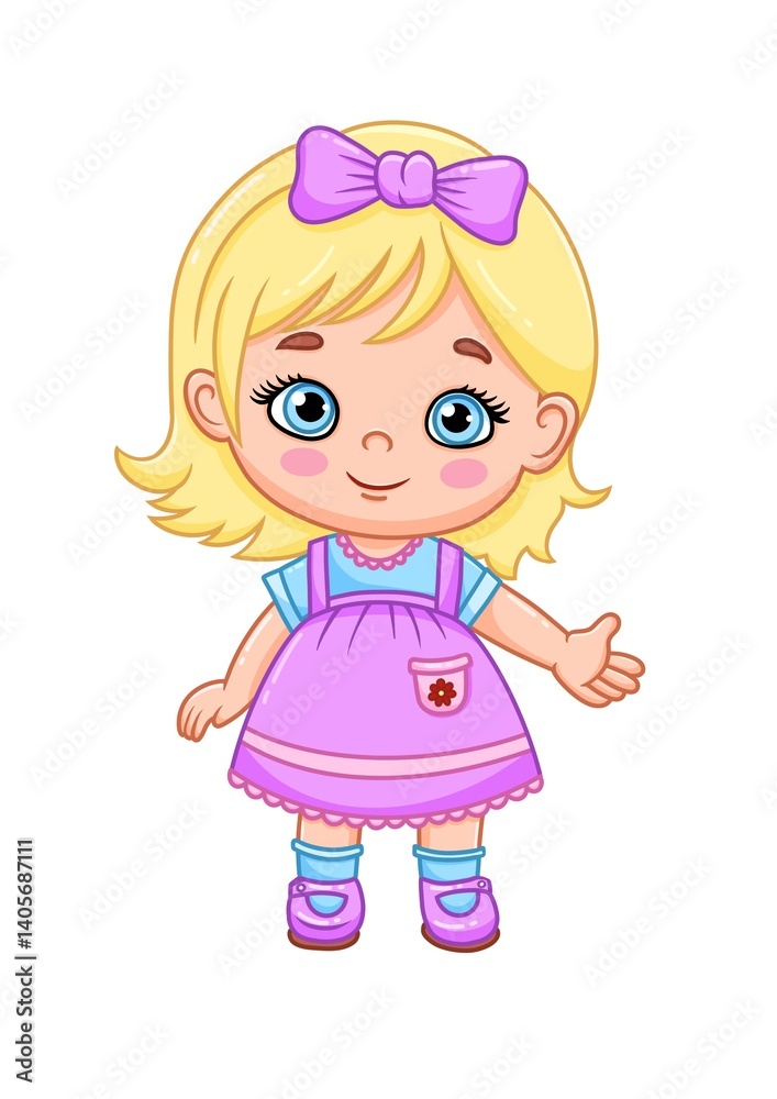Cute cartoon girl with blonde hair and pink dress on white background Cute cartoon girl with blonde hair and pink dress on white background