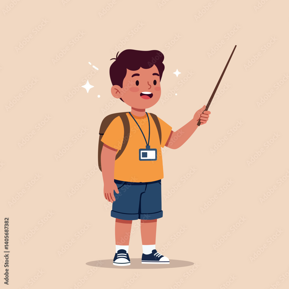 Cheerful boy with a backpack holding a stick in a playful pose, cartoonish flat design vector art