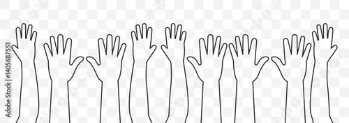series of silhouetted hands raised high in unison icon vector illustration. hands silhouettes, Raised hands vector silhouettes, Set of hand silhouette icon logo template vector. EPS 10.