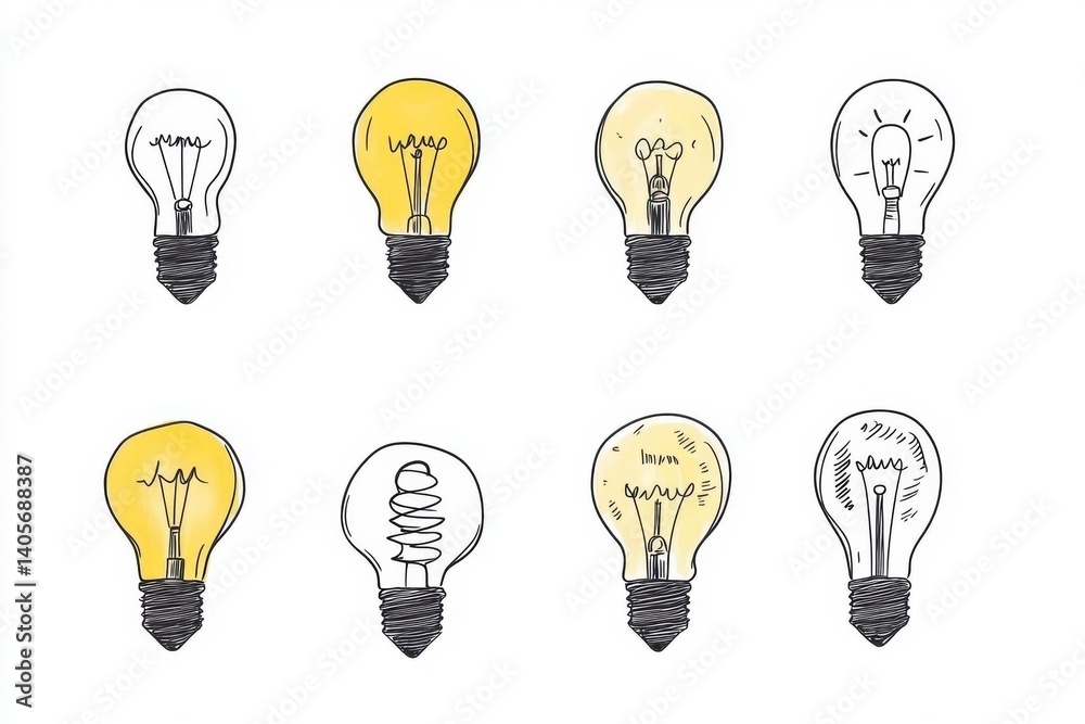 Hand-drawn illustration of various lightbulb designs Hand-drawn illustration of various lightbulb designs