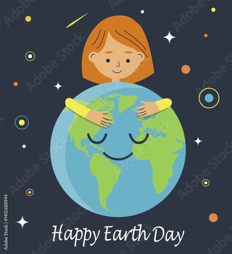 Gilrl hugging planet Earth, Vector illustration. Happy Earth day.