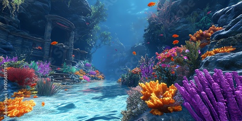 Fototapeta Naklejka Na Ścianę i Meble -  A tranquil underwater scene shows ancient ruins surrounded by a colorful coral reef and swimming fish. Perfect for fantasy or adventure game backgrounds.