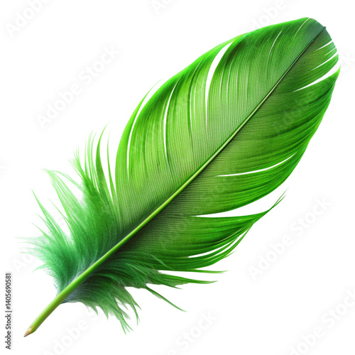 green feather on white background