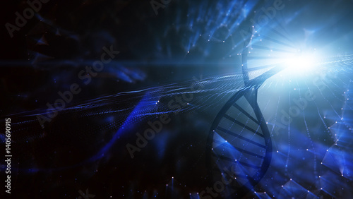 Artistic dark blue cyberspace with dna chain illustration.