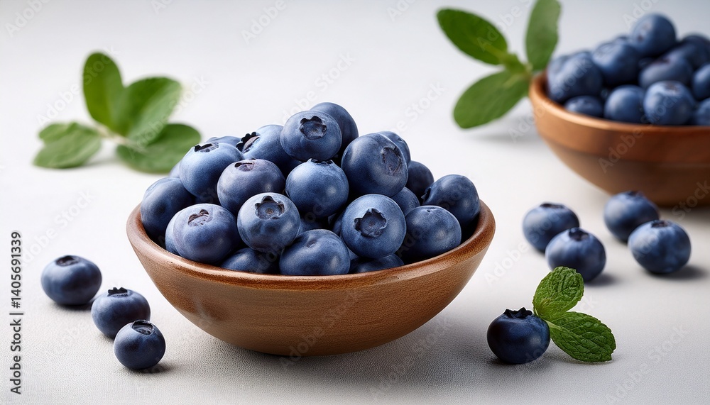 Fresh blueberries in brown bowl on light background Fresh blueberries in brown bowl on light background