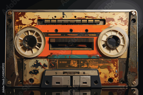 One vintage colorful orange compact cassette in front of black audio tapes
