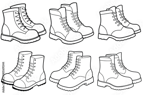 Work boots outline vector illustration isolated on white background.