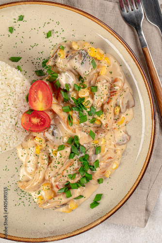 Photography Portion of gourmet chicken fricassee with rice