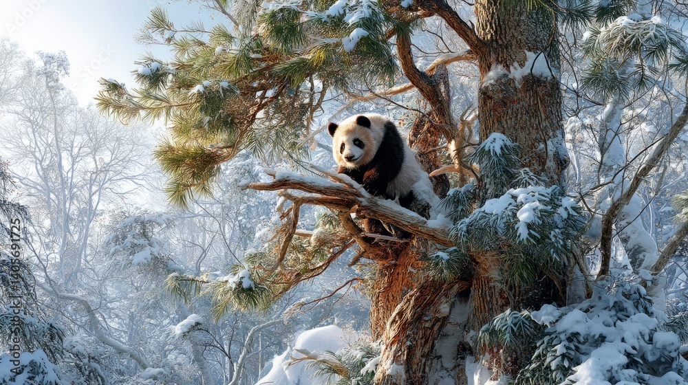 Obraz premium Generic Panda Climbing Moment Forest Tree Snowy 9it2h2h