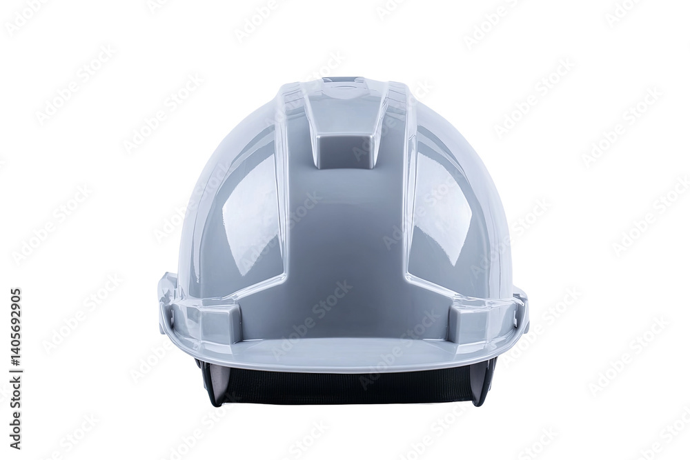 Fototapeta premium Frontal view of a pristine hardhat, gray shell, against a seamless transparent background, showcasing its form and safety aspects